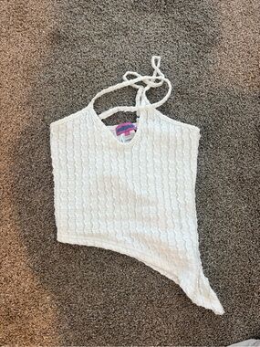 Edikted White Textured Cropped Halter Top with Tie Straps